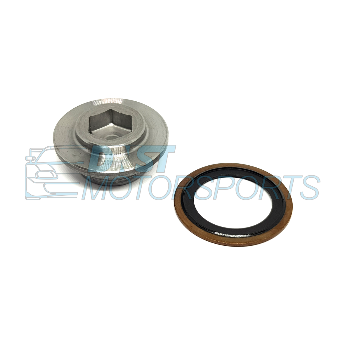 A rubber seal and metallic bolt on white background with DNST Motorsports watermark