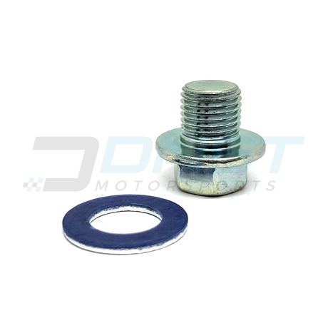 A stainless steel threaded bolt and paper round gasket on a white background with a DNST Motorsports watermark